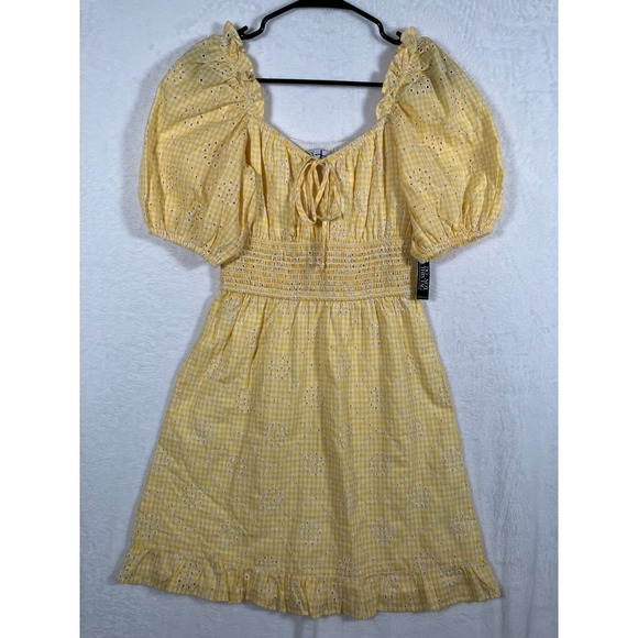 NY&C Yellow Eyelet Lace Milkmaid Dress Size Small Summer Gingham Puff Sleeve NEW - Picture 2 of 12